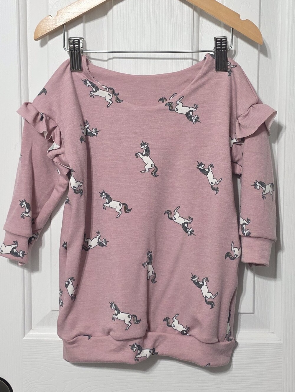 Pink Unicorn Print Ruffle Sleeve Sweater Dress, 12/18m